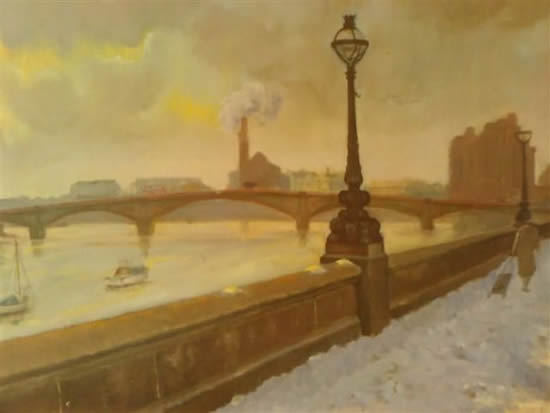 London Embankment, River Thames - Snow - James Carey-Wilson - Fine Art and Specialist Decorative Painting - Surrey Art Gallery