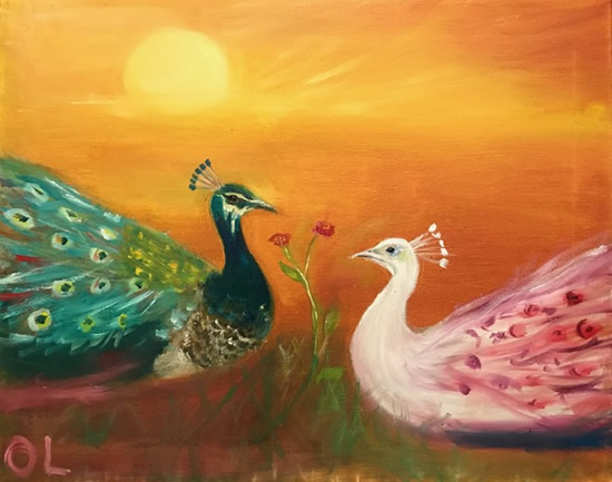 Green and Pink Peacocks - Rex and Regina Original Oil Painting - Surrey Artist Omay Lee