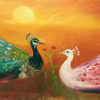 Green and Pink Peacocks – Rex and Regina Original Oil Painting – Surrey Artist Omay Lee
